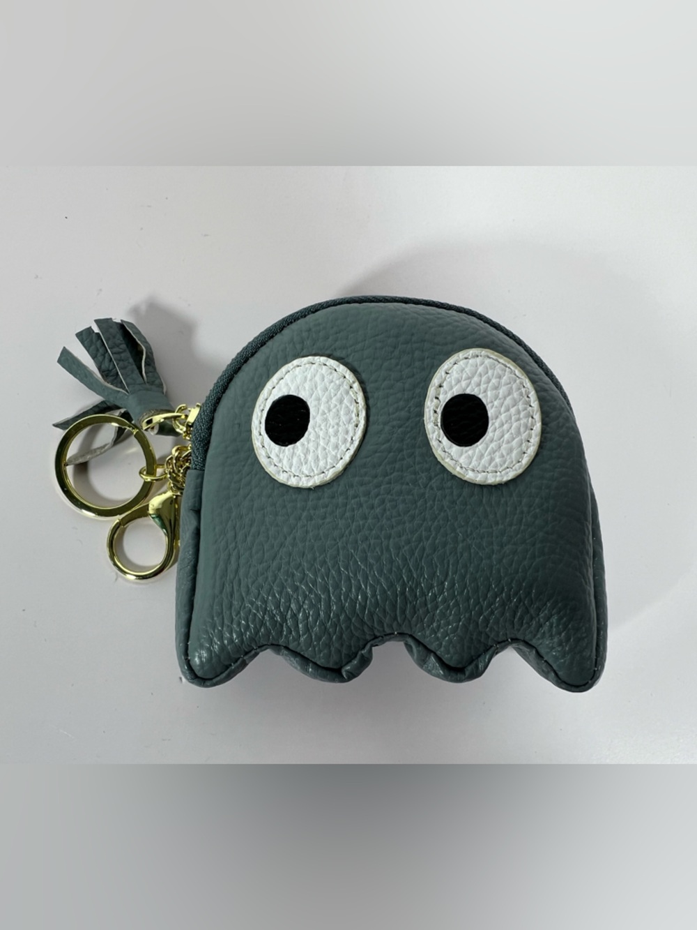 NWOT: Cute Monster Coin Pouch Keychain Gray Pebbled Faux Leather Zip